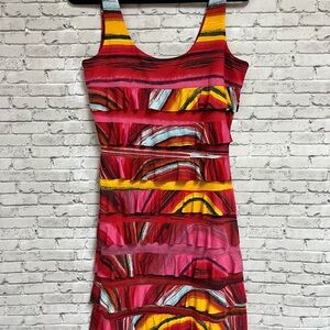 Vibrant Red and Yellow Scoop Neck Bodycon Mini Dress